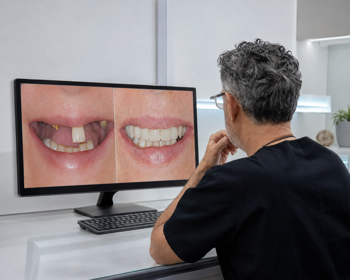 Médico dentista a analisar um caso clínico de reabilitação oral com comparação antes e depois